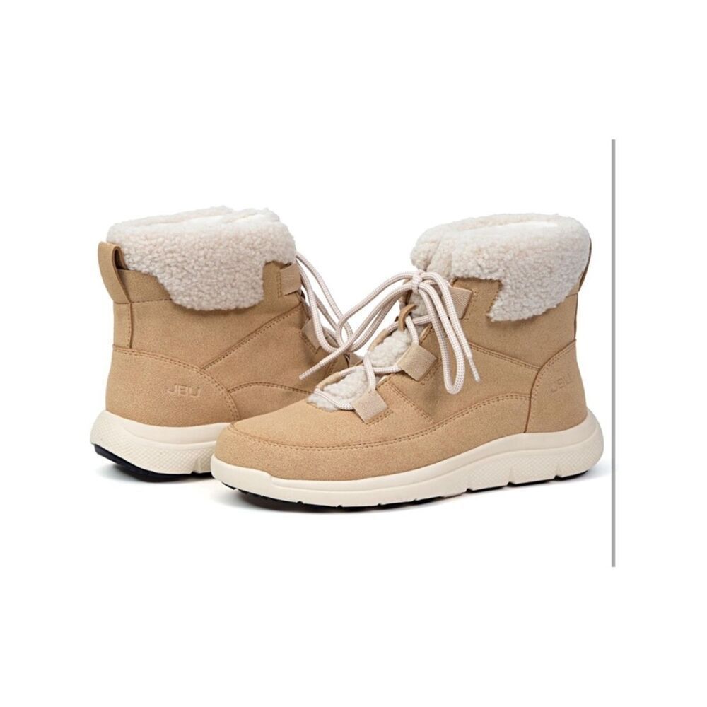 NIB JBU Freeze Round Tan Ankle Boots Faux Fur Cuff All Terra Traction Sz W 8